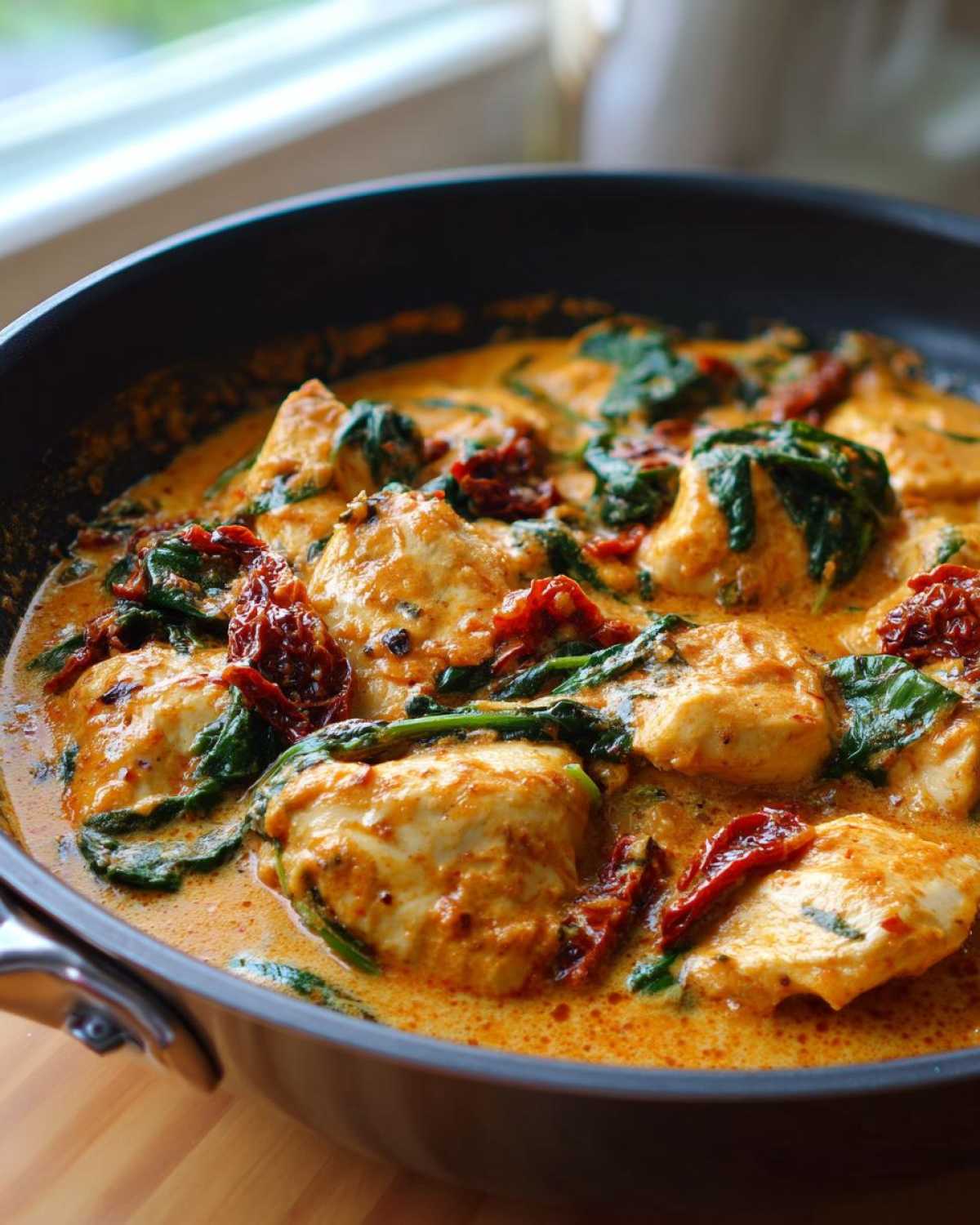 Close-up of One-Pot Creamy Sun-Dried Tomato Chicken with spinach simmering in a black skillet.