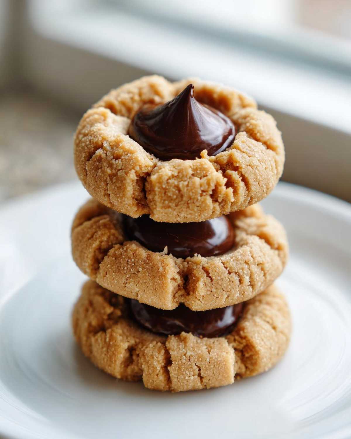 Three Peanut Butter Blossom Cookies stacked vertically on a white plate, featuring a shiny chocolate kiss center.