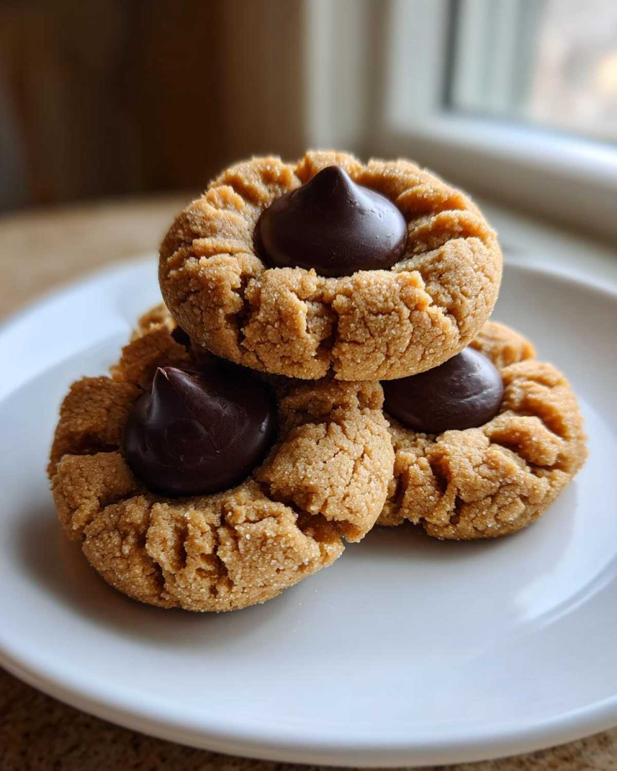 A close-up of three delicious Peanut Butter Blossom Cookies stacked on a white plate, each topped with a chocolate kiss.