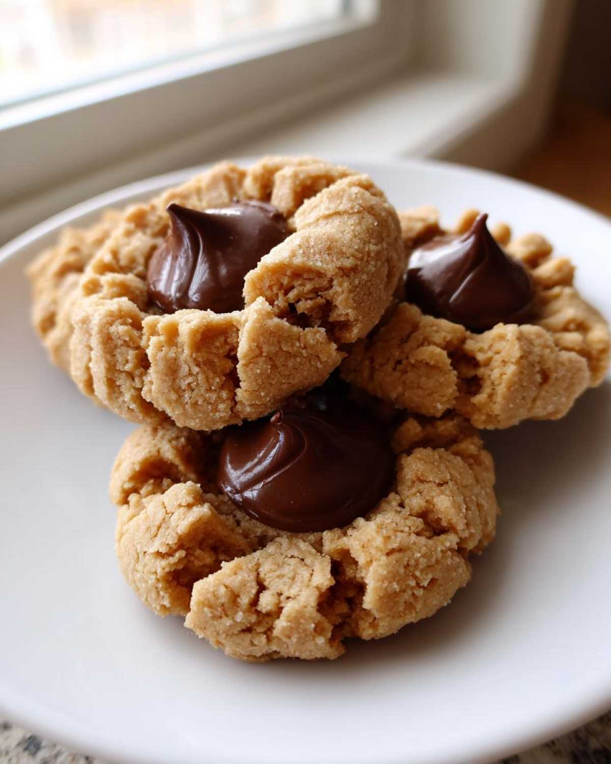 Three delicious Peanut Butter Blossom Cookies stacked on a white plate, featuring a chocolate kiss center.