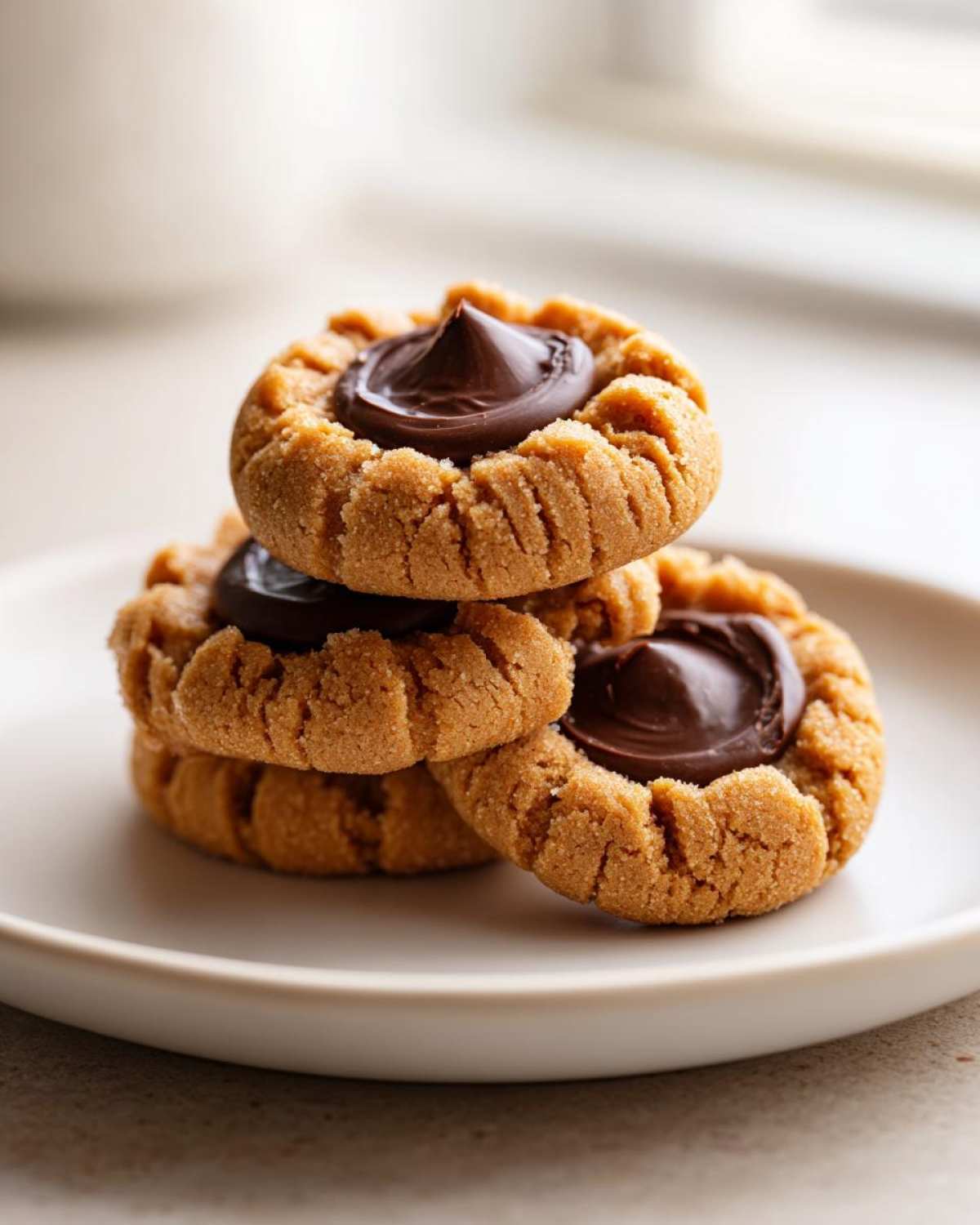 A stack of three delicious Peanut Butter Blossom Cookies topped with melted chocolate kisses.