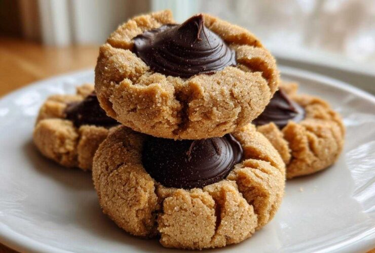 Close-up of stacked Peanut Butter Blossom Cookies with a rich chocolate kiss center on a white plate.