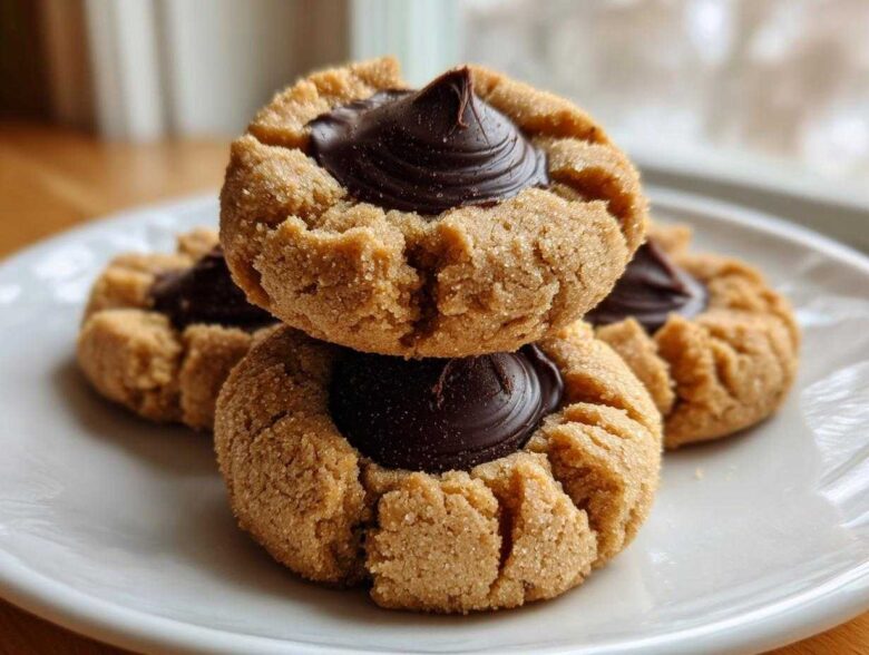 Close-up of stacked Peanut Butter Blossom Cookies with a rich chocolate kiss center on a white plate.