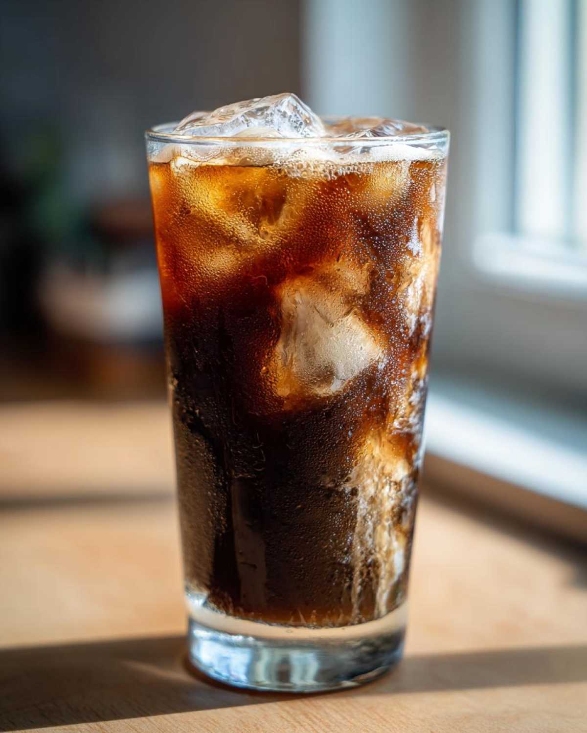 A tall glass filled with a dark, rich Iced Mocha and plenty of ice cubes, showing condensation.