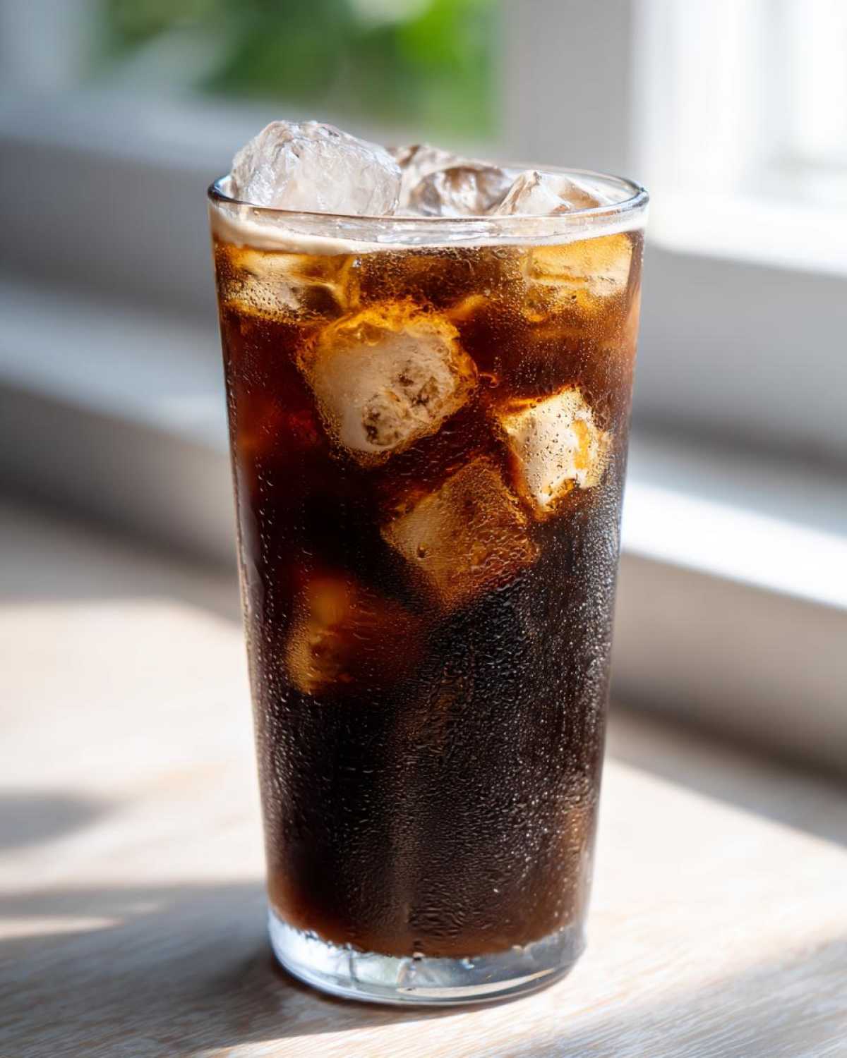 A tall glass filled with a dark, cold Iced Mocha and large ice cubes, showing condensation on the glass.
