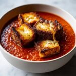 Close-up of creamy Roasted Tomato Basil Soup topped with crispy Grilled Cheese Croutons.
