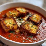 A white bowl filled with rich Roasted Tomato Basil Soup topped with golden Grilled Cheese Croutons and fresh parsley.