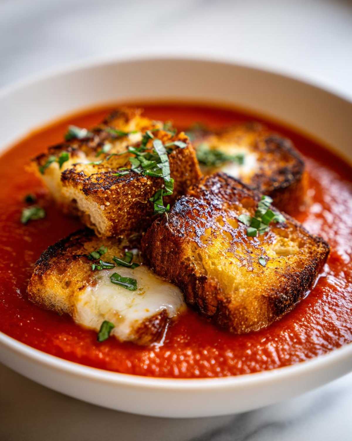 Close-up of Roasted Tomato Basil Soup topped with grilled cheese croutons garnished with fresh basil.