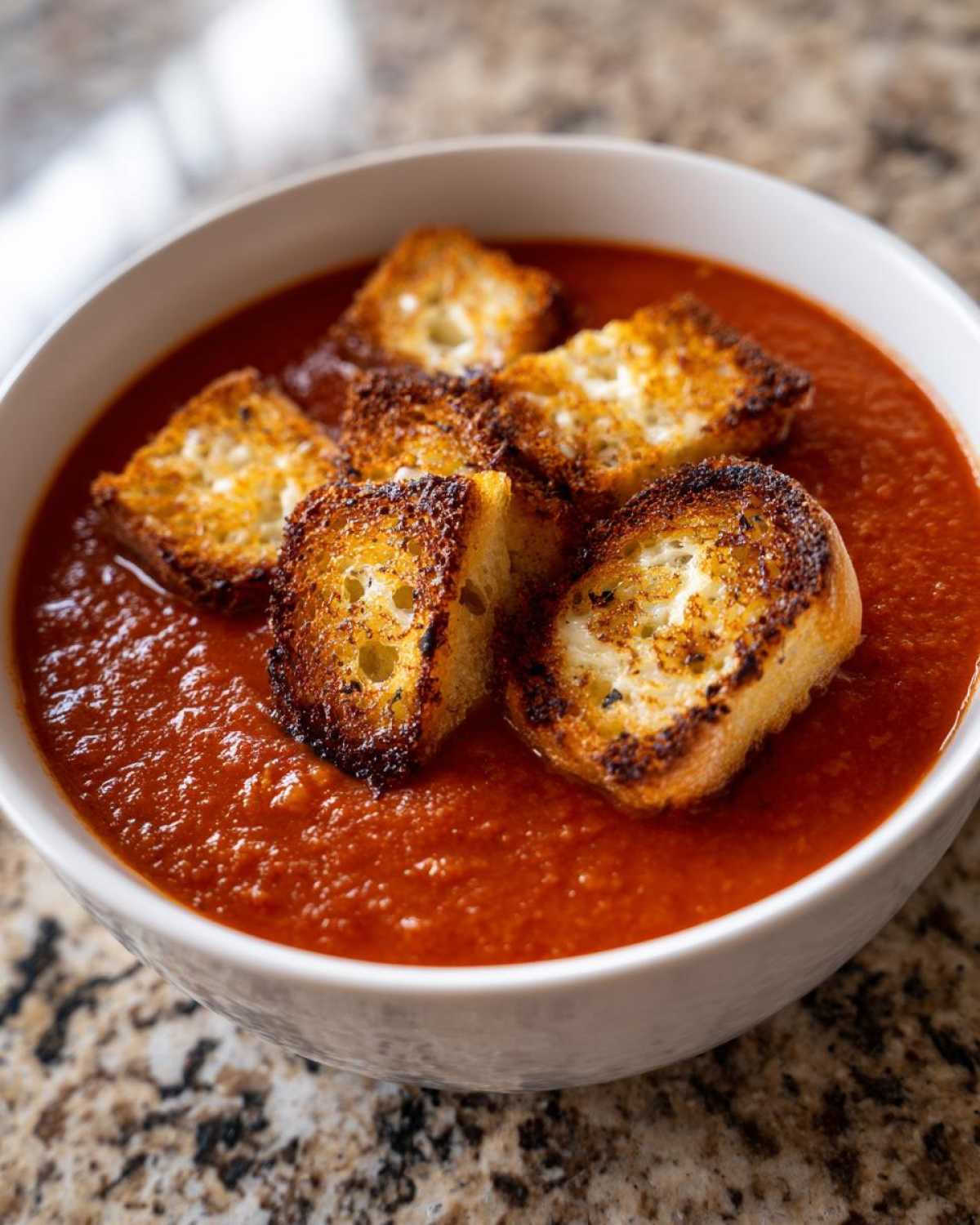 Close-up of a bowl of vibrant Roasted Tomato Basil Soup topped with golden Grilled Cheese Croutons.