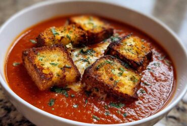 A white bowl filled with rich Roasted Tomato Basil Soup topped with golden Grilled Cheese Croutons and fresh parsley.