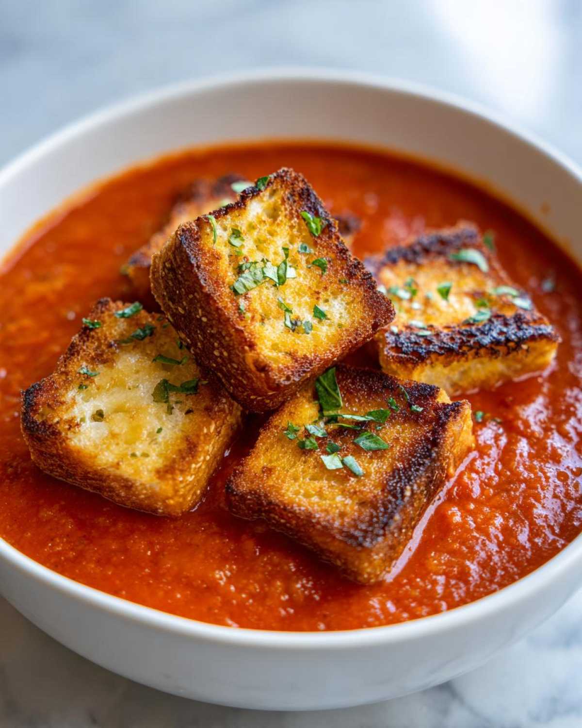 Close-up of vibrant Roasted Tomato Basil Soup topped with golden Grilled Cheese Croutons garnished with fresh basil.