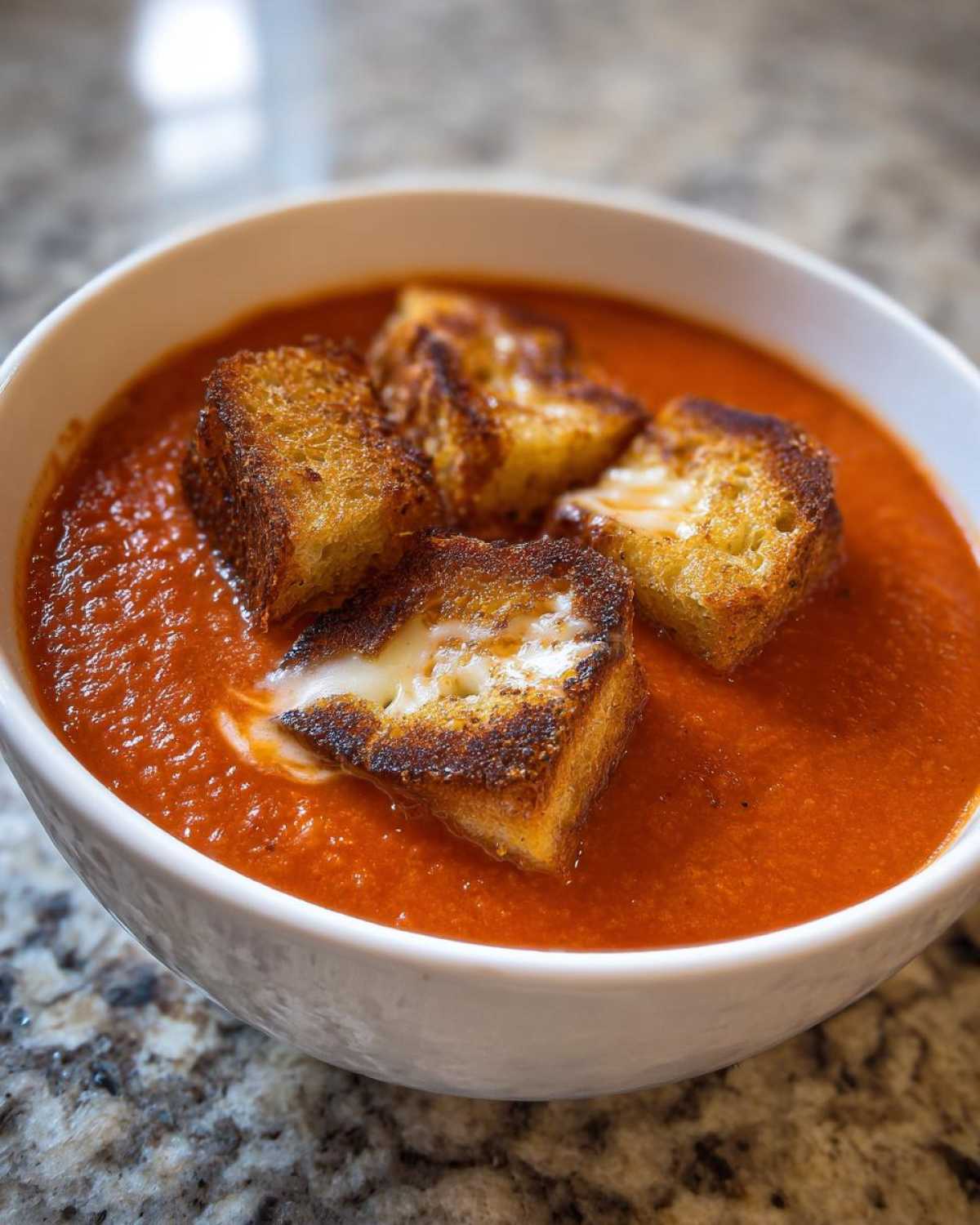 A white bowl filled with vibrant Roasted Tomato Basil Soup topped with four golden Grilled Cheese Croutons.