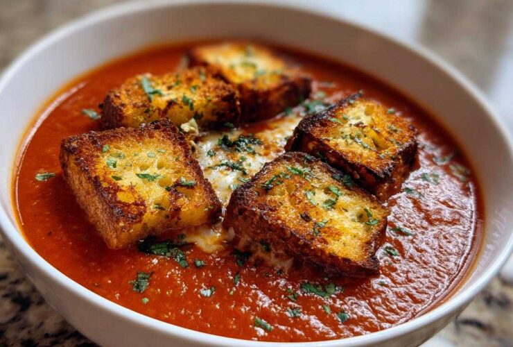 A white bowl filled with rich Roasted Tomato Basil Soup topped with golden Grilled Cheese Croutons and fresh parsley.
