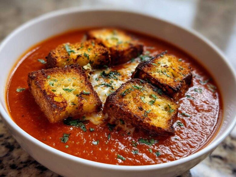 A white bowl filled with rich Roasted Tomato Basil Soup topped with golden Grilled Cheese Croutons and fresh parsley.