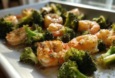 Close-up of cooked shrimp and broccoli florets seasoned with garlic butter on a white sheet pan.
