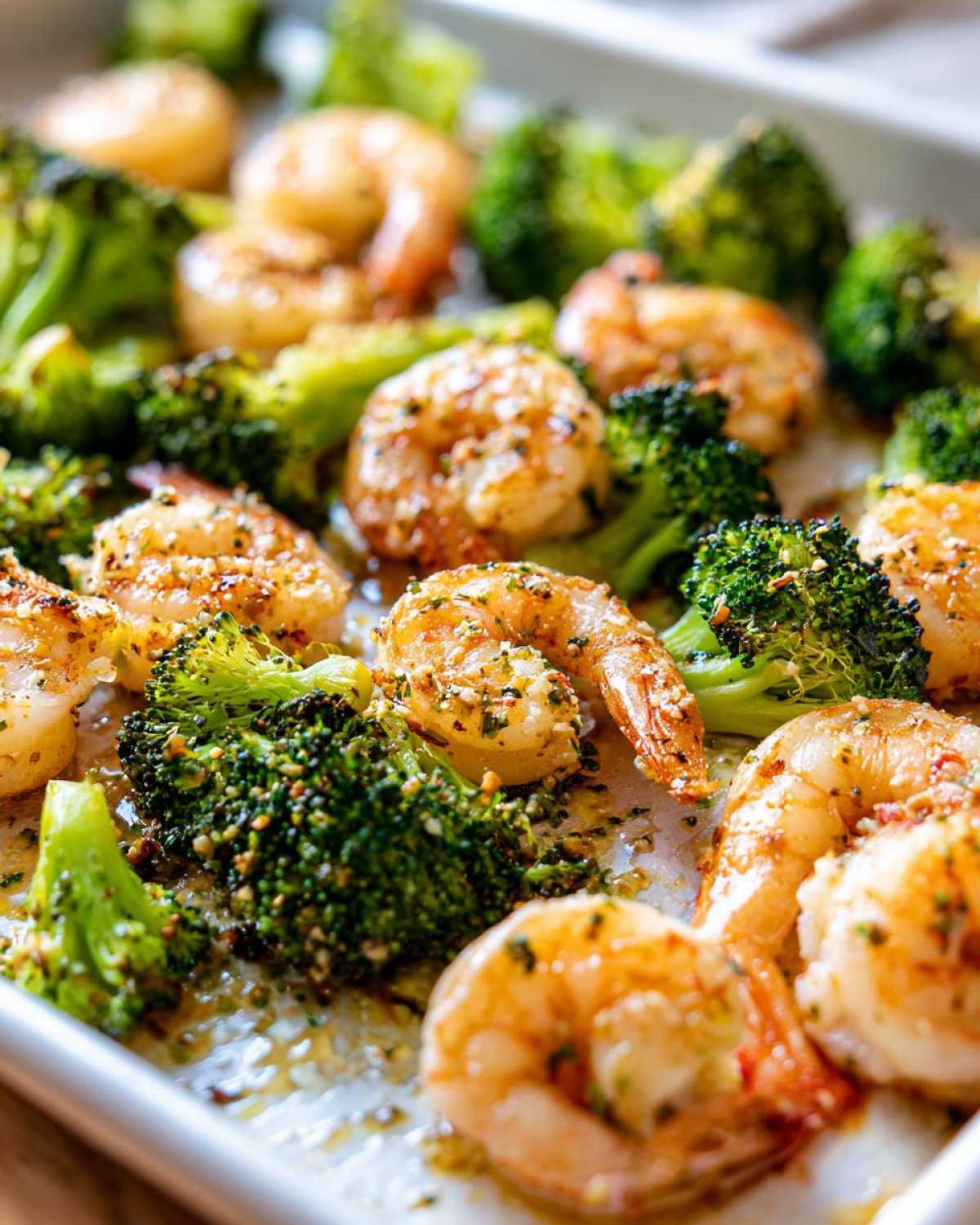 Close-up of cooked shrimp and broccoli florets coated in garlic butter on a sheet pan.