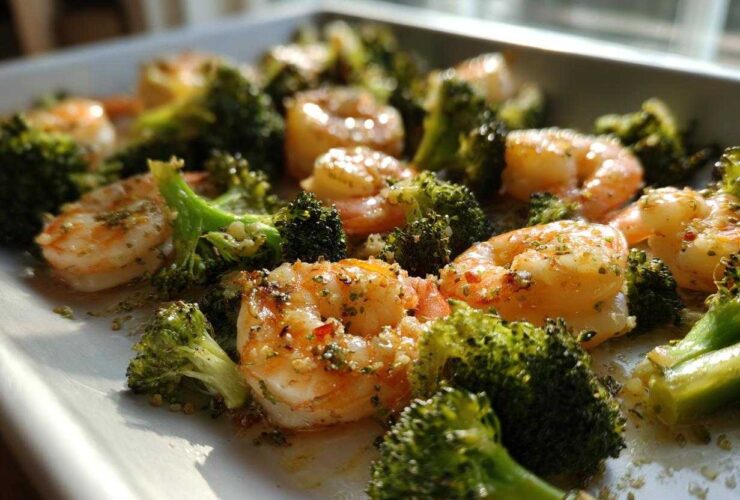 Close-up of cooked shrimp and broccoli florets seasoned with garlic butter on a white sheet pan.