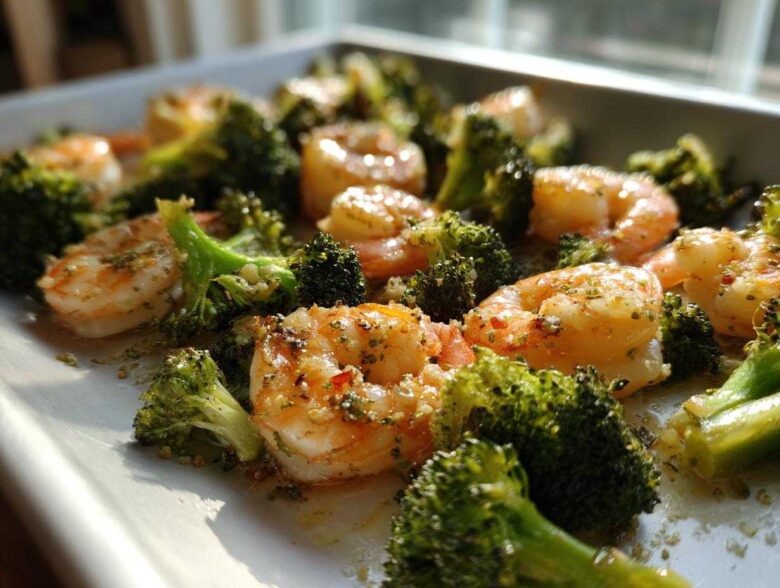 Close-up of cooked shrimp and broccoli florets seasoned with garlic butter on a white sheet pan.