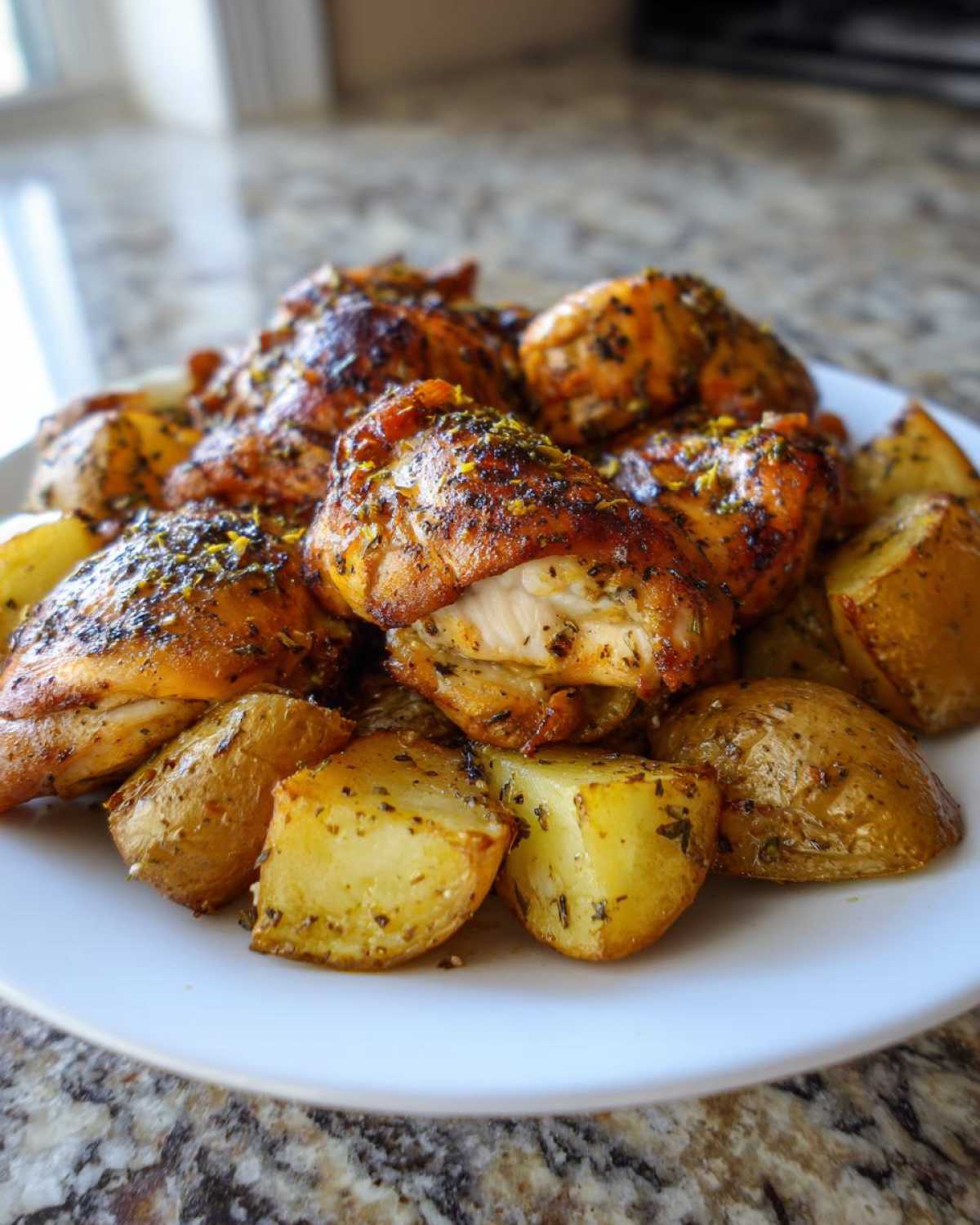 A white plate piled high with roasted Sheet Pan Lemon Pepper Chicken and Potatoes, seasoned with herbs and zest.