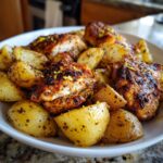 Close-up of juicy Sheet Pan Lemon Pepper Chicken and Potatoes topped with zest.