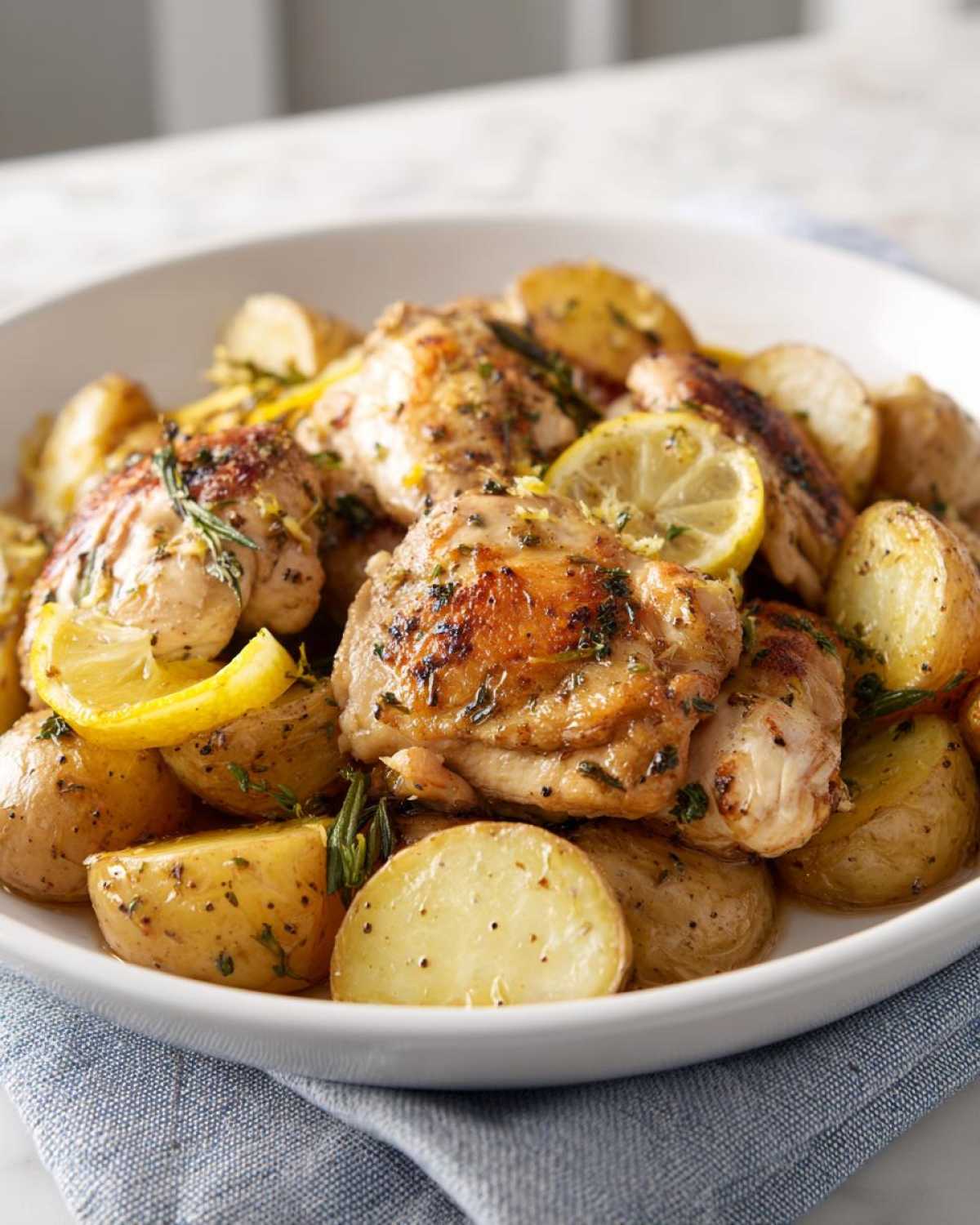 Golden brown Sheet Pan Lemon Pepper Chicken and Potatoes served with lemon slices and herbs in a white bowl.