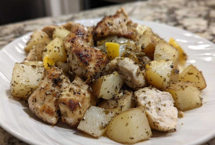 Close-up of seasoned Sheet Pan Lemon Pepper Chicken and Potatoes served on a white plate.