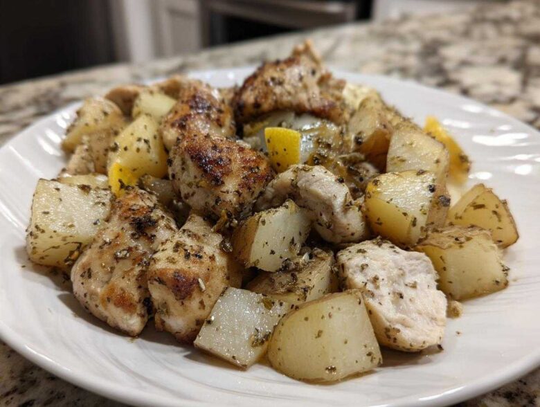 Close-up of seasoned Sheet Pan Lemon Pepper Chicken and Potatoes served on a white plate.