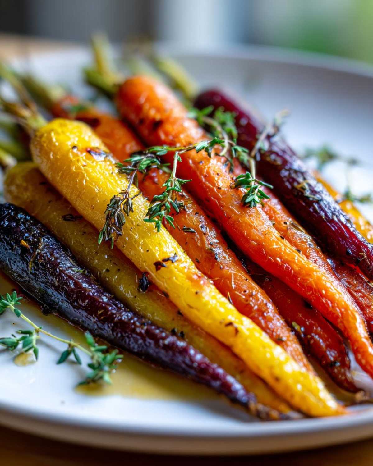 Close-up of vibrant Sheet Pan Roasted Rainbow Carrots glazed with honey and garnished with fresh thyme.