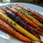 Close-up of glossy Sheet Pan Roasted Rainbow Carrots with Honey, garnished with fresh thyme.