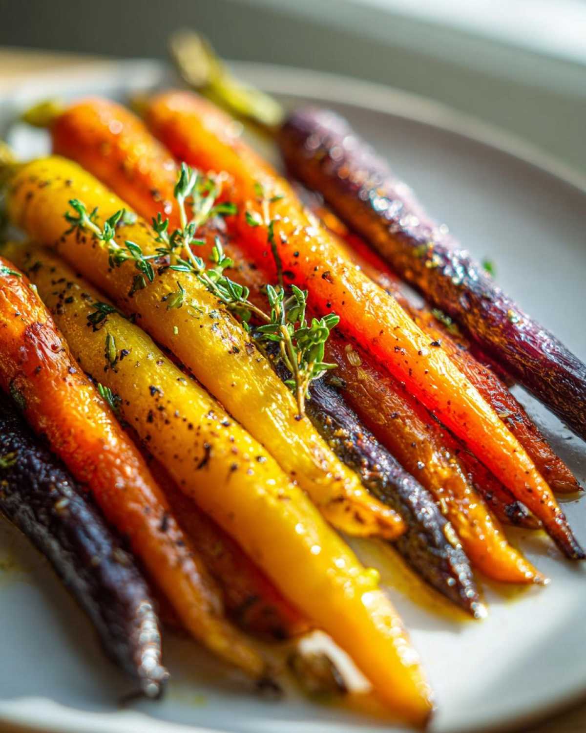 Close-up of glistening Sheet Pan Roasted Rainbow Carrots with Honey, garnished with fresh thyme sprigs.