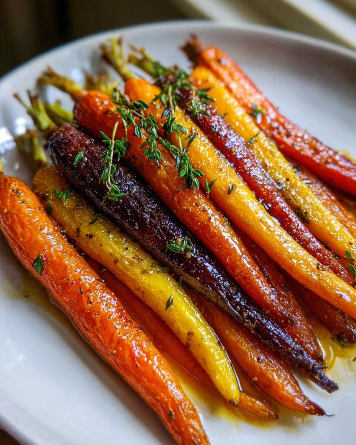 Close-up of glossy Sheet Pan Roasted Rainbow Carrots with Honey, garnished with fresh thyme sprigs.