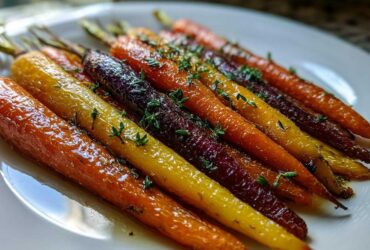 Close-up of glossy Sheet Pan Roasted Rainbow Carrots with Honey, garnished with fresh thyme.