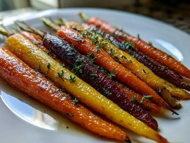 Close-up of glossy Sheet Pan Roasted Rainbow Carrots with Honey, garnished with fresh thyme.