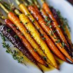 Close-up of glossy, roasted Sheet Pan Roasted Rainbow Carrots with Honey, drizzled with glaze and garnished with fresh thyme.
