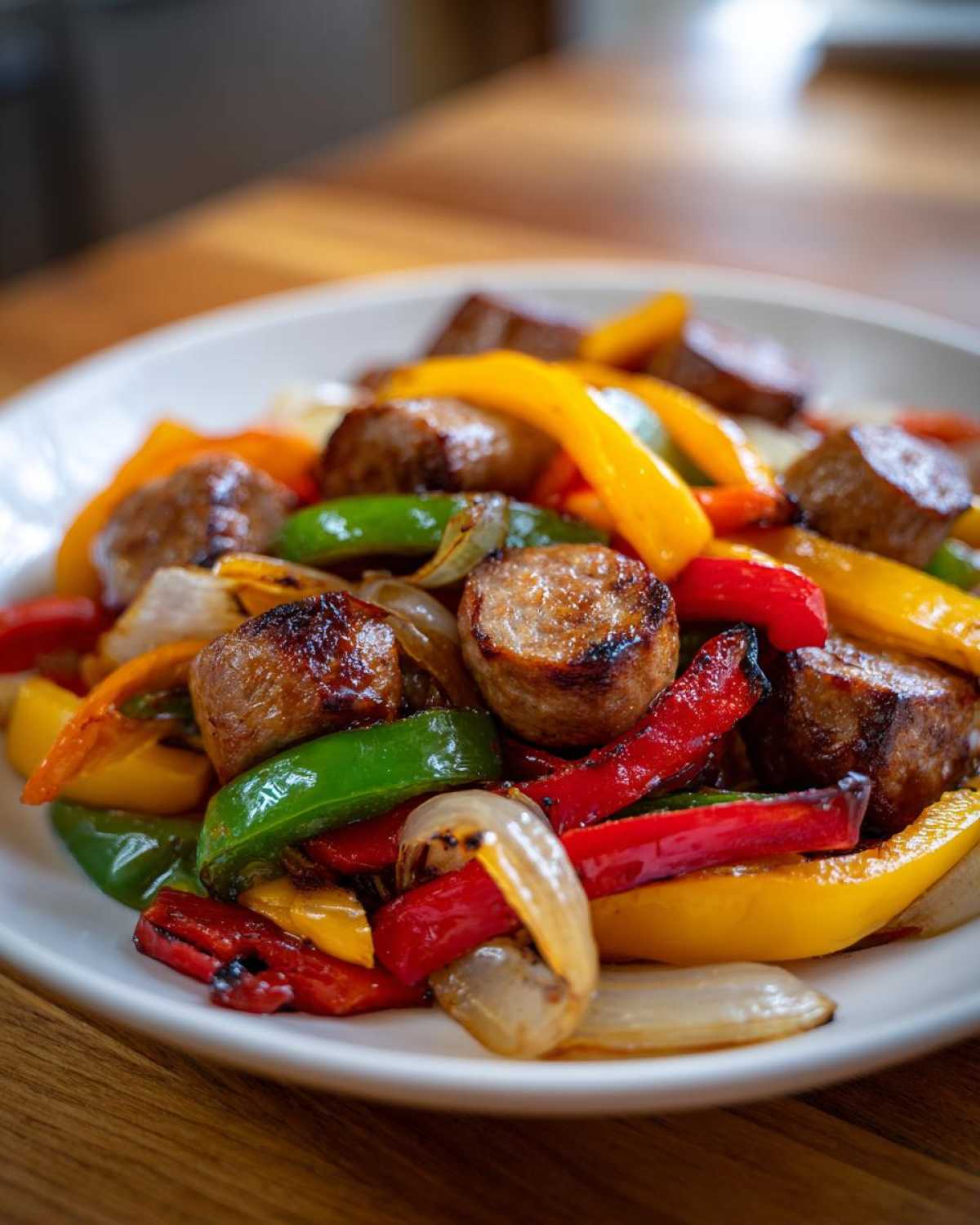 Close-up of perfectly cooked Sheet Pan Sausage and Peppers with colorful bell peppers and onions served on a white plate.