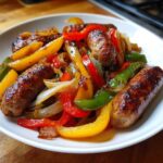 A close-up of grilled sausages mixed with colorful sautéed peppers and onions, ready to eat from the Sheet Pan Sausage and Peppers recipe.