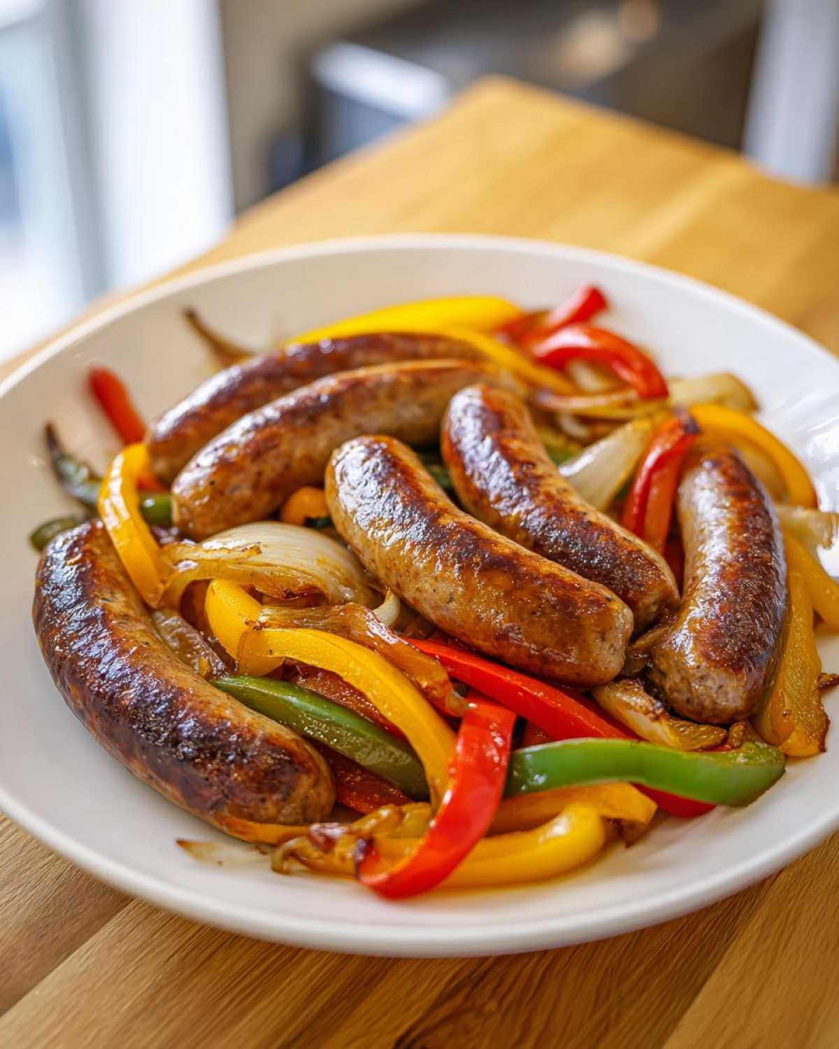 Five browned sausages served over colorful roasted peppers and onions in a white dish, showcasing Sheet Pan Sausage and Peppers.