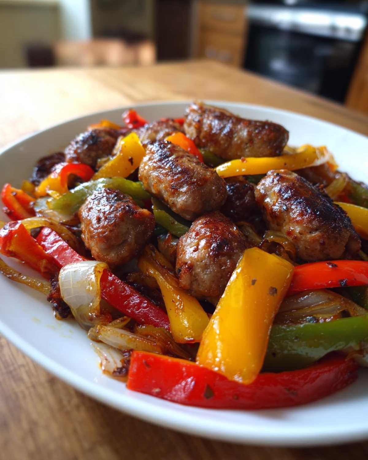 Close-up of browned sausage pieces mixed with vibrant red, yellow, and green peppers and onions from Sheet Pan Sausage and Peppers.