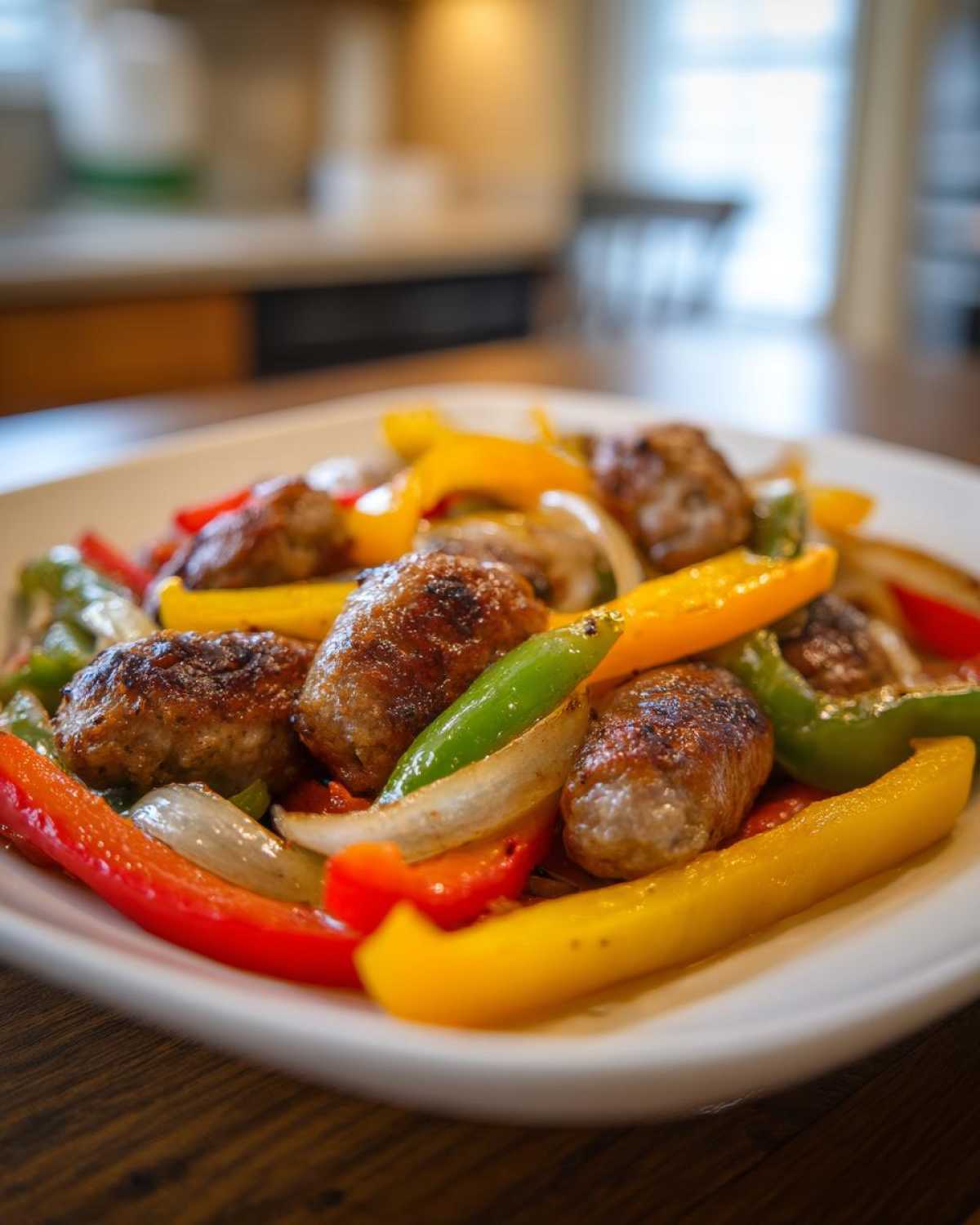 Close-up of browned sausage pieces mixed with vibrant red, yellow, and green peppers and onions from the Sheet Pan Sausage and Peppers.