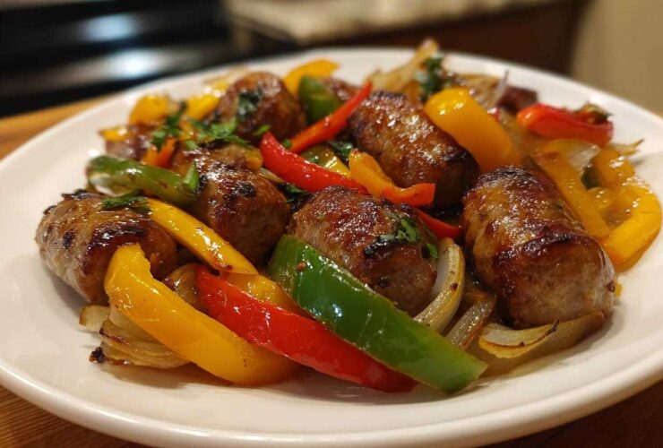 Close-up of browned sausages mixed with colorful bell peppers and onions from Sheet Pan Sausage and Peppers.