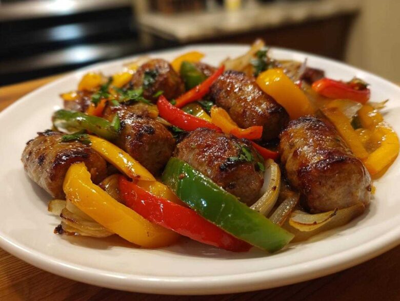Close-up of browned sausages mixed with colorful bell peppers and onions from Sheet Pan Sausage and Peppers.
