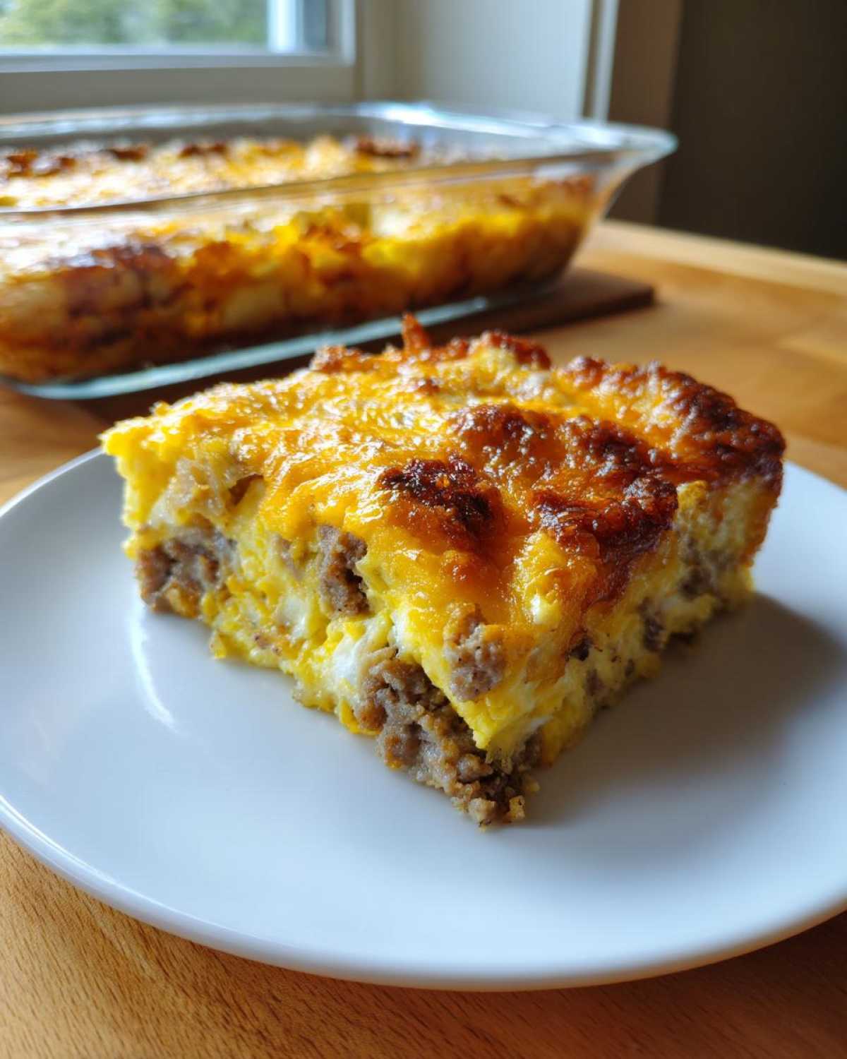 A hearty slice of Tater Tot Breakfast Casserole topped with melted, browned cheddar cheese, served on a white plate.