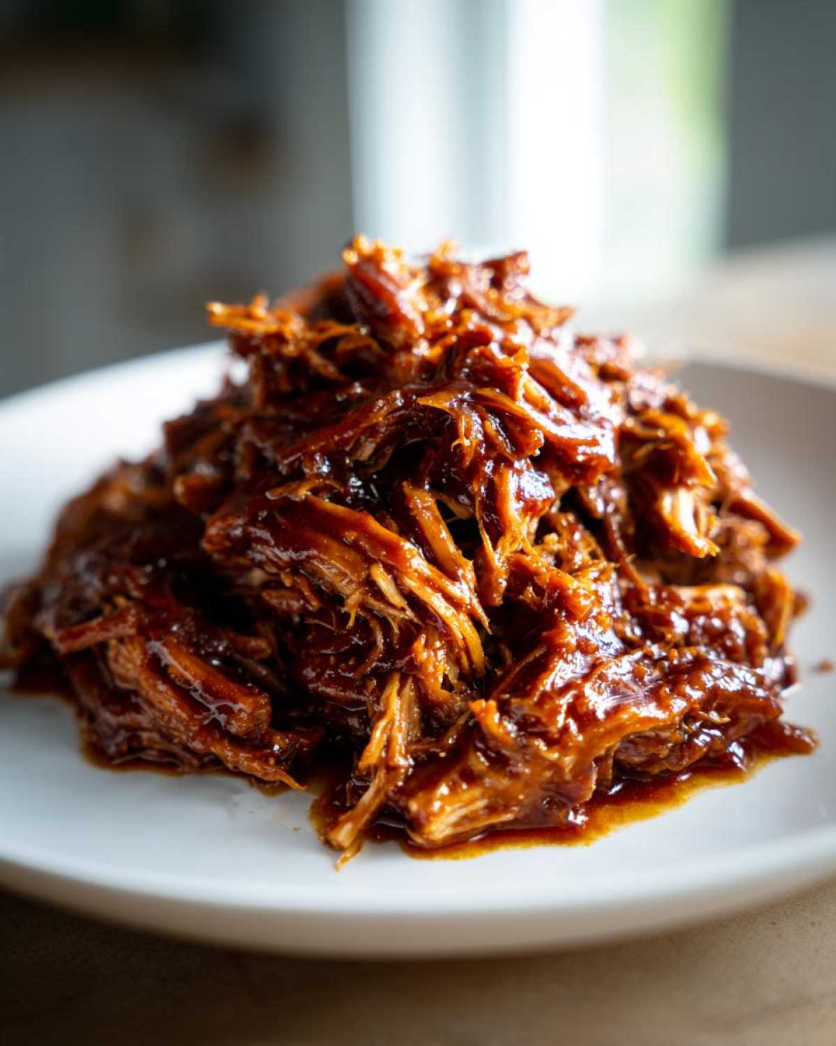 Close-up of shredded, saucy Slow Cooker Honey Garlic Pulled Pork piled high on a white plate.