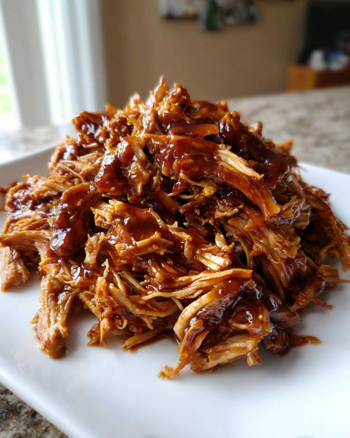 Close-up of shredded Slow Cooker Honey Garlic Pulled Pork piled high and glistening with sauce on a white plate.