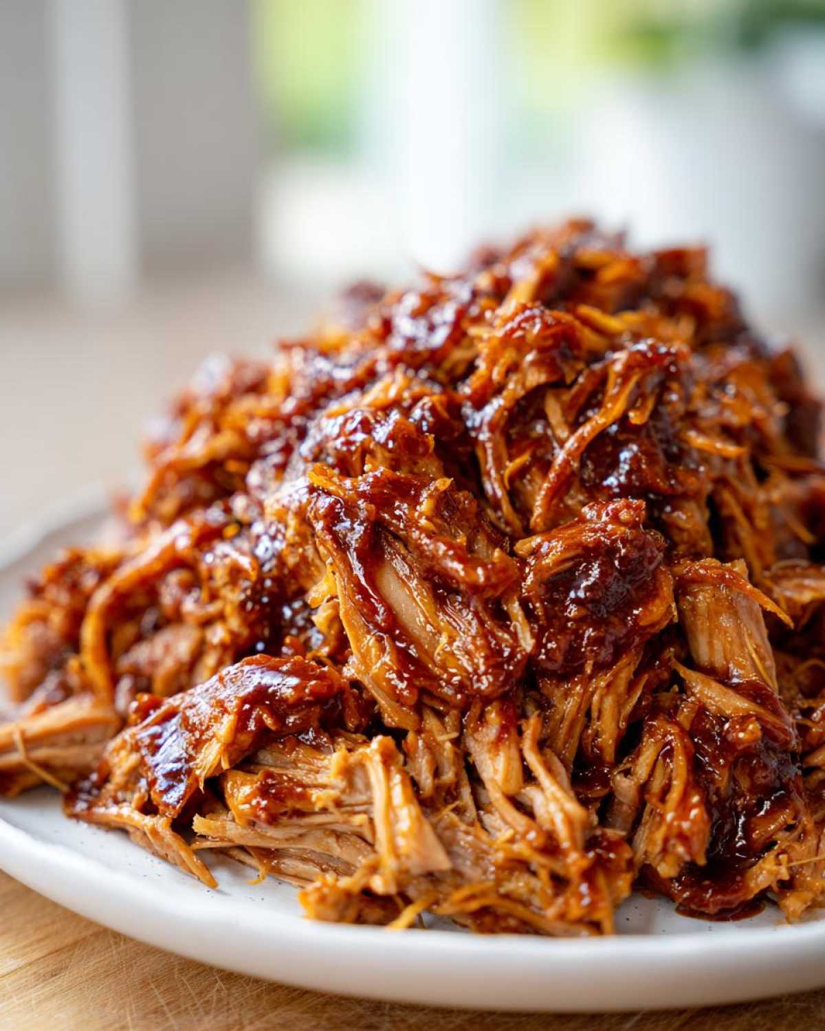 A generous pile of juicy, shredded Slow Cooker Honey Garlic Pulled Pork coated in a thick, glossy sauce on a white plate.