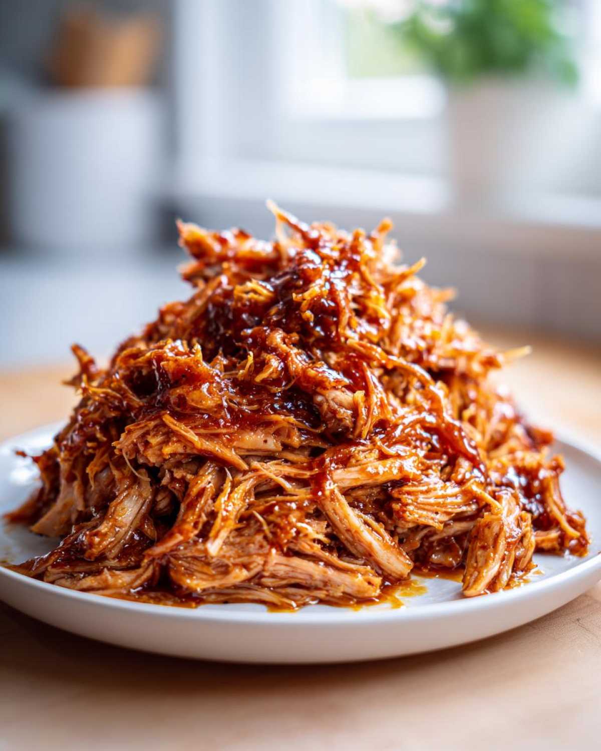 A mound of shredded Slow Cooker Honey Garlic Pulled Pork coated in a rich, glossy sauce on a white plate.