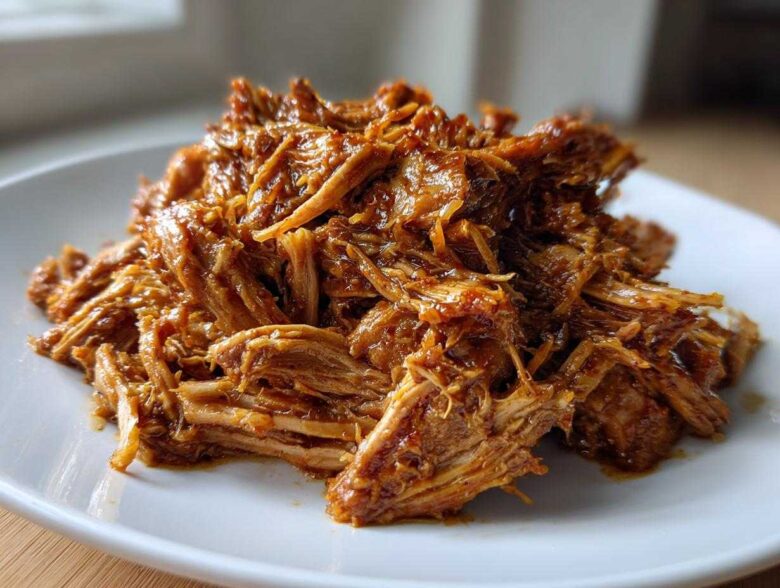 A close-up of tender, shredded Slow Cooker Honey Garlic Pulled Pork piled high on a white plate.