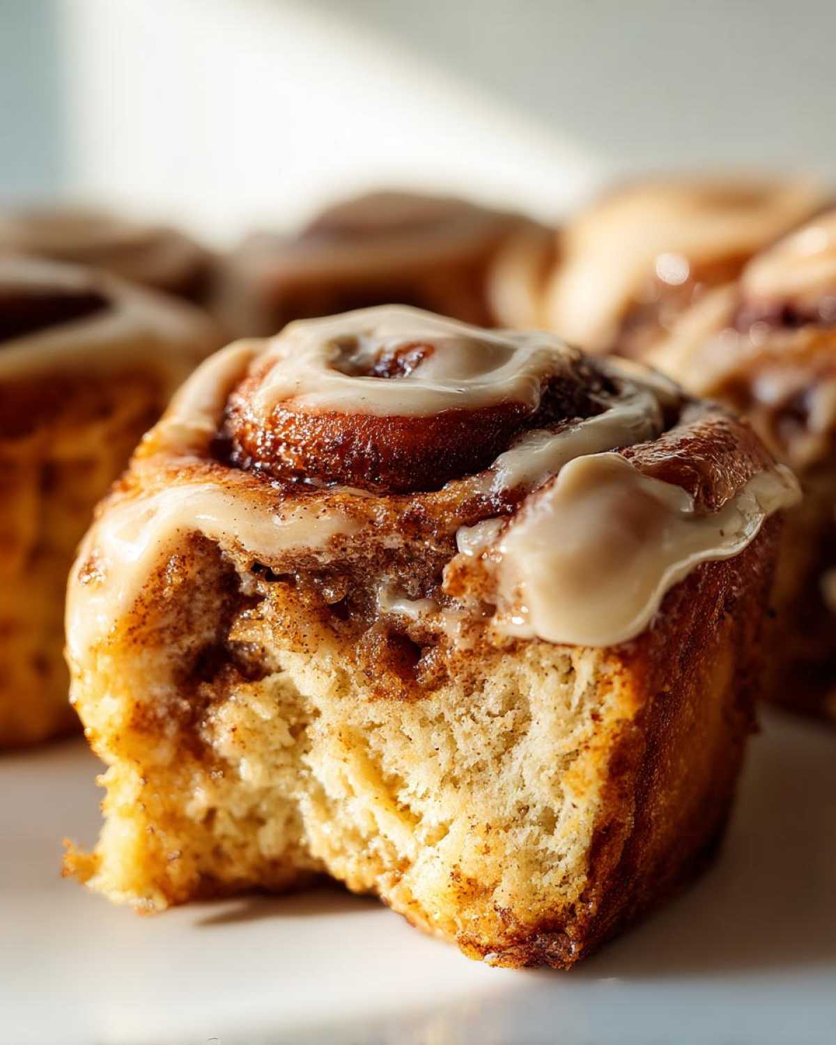 Close-up of a soft Gluten-Free Cinnamon Roll with a bite taken out, showing the fluffy interior and cream cheese frosting.
