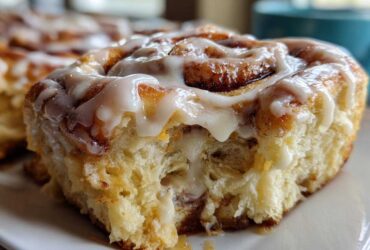 Close-up of a soft, fluffy Gluten-Free Cinnamon Roll dripping with white icing.