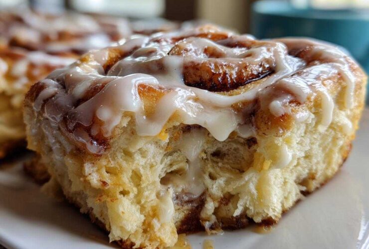 Close-up of a soft, fluffy Gluten-Free Cinnamon Roll dripping with white icing.
